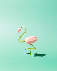 Contemporary art still life concept. Flamingo made from pink tulip flowers. Spring and summer green...