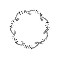 Hand drawn vector round frame. Floral wreath with leaves, berries, branches Decorative elements for design. Ink, vintage and rustic styles.