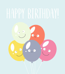 Happy birthday poster or greeting card, vector illustration with funny colours balloons with eyes. Cartoon style
