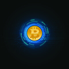 Golden bitcoin on deep blue with glown circuit background, vector