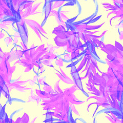Vanilla Flower Garden. Coral Summer Jungle. Pink Seamless Decor. Watercolor Background. Pattern Leaf. Floral Illustration. Exotic Set. Botanical Backdrop.