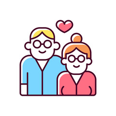 Elderly couple in love RGB color icon. Long term romantic relationship. Everlasting love. Married for long time. growing old with each other. Isolated vector illustration. Simple filled line drawing