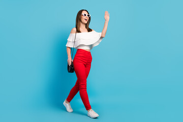 Full body photo of funny brunette millennial lady go wave wear spectacles white top jeans isolated on blue color background