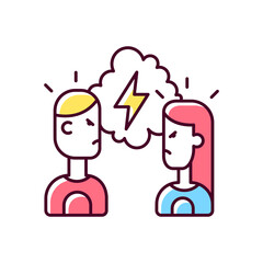 Quarreling couple RGB color icon. Angry girlfriend and boyfriend. Partners during conflict, shouting at each other. Fighting in relationship. Isolated vector illustration. Simple filled line drawing