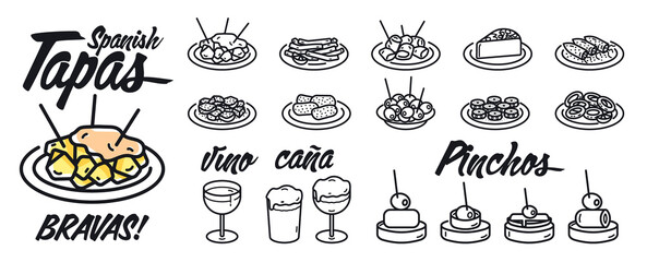 Illustrations symbols of typical Spanish bar snacks. Text in Spanish of food (Tapas, Bravas and pinchos) and drinks (Caña y vino). - obrazy, fototapety, plakaty