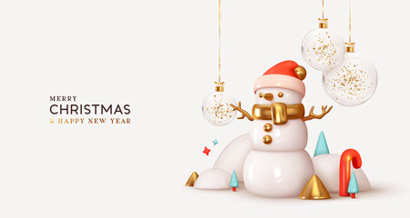 Merry Christmas and Happy New Year. Xmas Festive background. Realistic 3d design white snowman cute winter character, Abstract cone trees, snow balls drifts. Holiday Greeting card, banner, web poster.