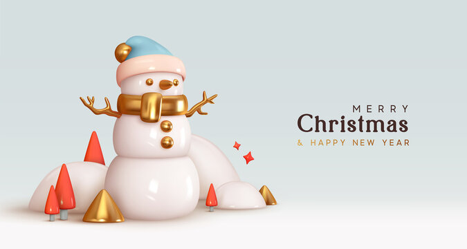 Merry Christmas and Happy New Year. Xmas Festive background. Realistic 3d design white snowman cute winter character, Abstract cone trees, snow balls drifts. Holiday Greeting card, banner, web poster.