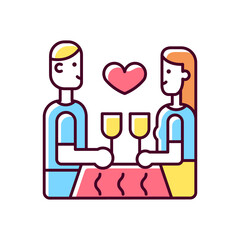 Dinner at restaurant RGB color icon. Married couple dining out. Restaurant date ideas. Boyfriend and girlfriend sitting at table. Isolated vector illustration. Simple filled line drawing