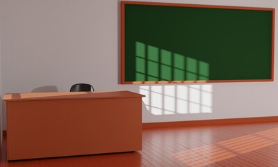 table and chair with green board on the white wall in the classroom.3d rendering.