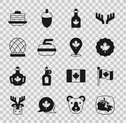 Set Canada map, Flag of, Canadian maple leaf, Bottle syrup, Stone for curling, Montreal Biosphere, Stack pancakes and icon. Vector