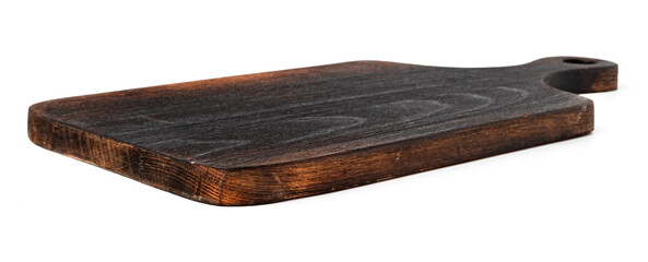 Dark wooden cutting board on white background