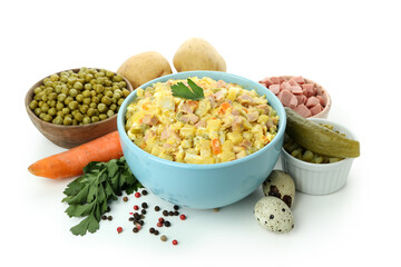 Olivier salad and ingredients isolated on white background