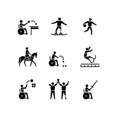 Sport championship black glyph icons set on white space. Varied athletic events. Training and competitive activity. Athletes with physical disablility. Silhouette symbols. Vector isolated illustration