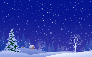Vector cartoon illustration of a snowy night village, Christmas landscape background