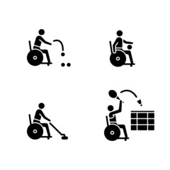 Wheelchair sports black glyph icons set on white space. Adaptive sport games. Wheelchair users. Competitive ball games. Sportsmen with disability. Silhouette symbols. Vector isolated illustration
