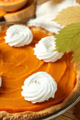 Concept of tasty food with pumpkin pie, close up