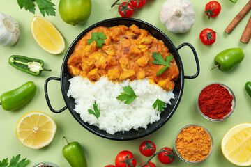 Chicken tikka with ingredients on green background