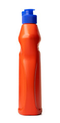 Orange plastic bottle of liquid detergent isolated on white