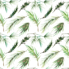 Seamless pattern with hand painted watercolor green pine branches. Cute design for Merry Christmas winter textile design, scrapbook paper, decorations. High quality illustration