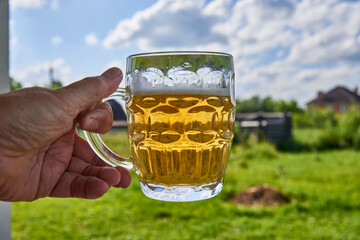Mug of beer on the background of a rustic landscape