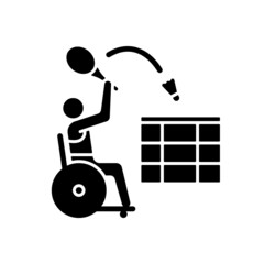 Wheelchair badminton black glyph icon. Hitting shuttlecock with racket game. Rival sport competition. Sportsman with disability. Silhouette symbol on white space. Vector isolated illustration
