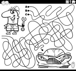 maze with car mechanic and broken car coloring book page