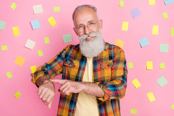 Photo of good white beard elder man show time wear shirt spectacles isolated on pink color...