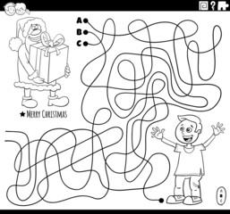 maze with Santa Claus with present and boy coloring book page