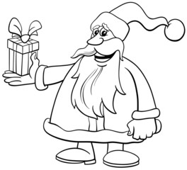 cartoon Santa Claus character with gift coloring book page