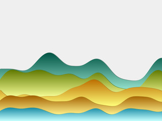 Abstract mountains background. Curved layers in contrast blue orange green colors. Papercut style hills. Artistic vector illustration.