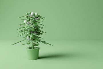 Three dimensional render of potted cannabis plant standing against green background