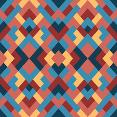 Abstract seamless pattern. Mosaic texture for textile, clown, carpeting, warp, book cover, clothes. Vector geometric background of triangles in blue and red colors