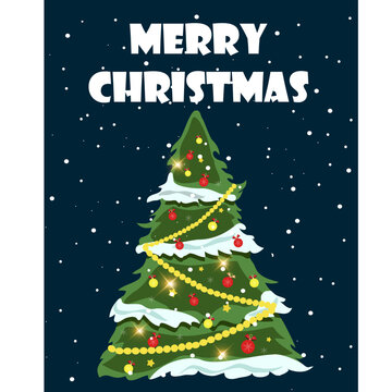 Merry Christmas and Happy New Year. Text. Card. Christmas tree with decorations and lights. Snowfall. Gray background. Сatholic holiday.Flat style. December 25. Winter. Illustration vector. Tradition
