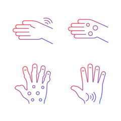 Arthritis in hands gradient linear vector icons set. Wrists rheumatism. Fingers deformity. Rheumatoid nodules. Thin line contour symbols bundle. Isolated outline illustrations collection