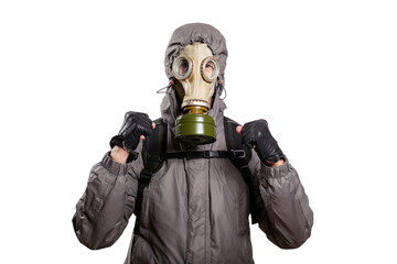 An isolated shot of a man dressed in a gas mask, a jacket with a hood, a backpack, holds his fists in front of him with joy, luck of success, looks into the camera. On a white isolated background