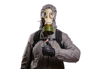An isolated shot of a man dressed in a gas mask, a hooded jacket, a backpack, raised his thumb up,...