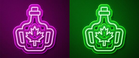 Glowing neon line Bottle of maple syrup icon isolated on purple and green background. Vector - obrazy, fototapety, plakaty