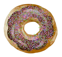 Watercolor sweet chocolate donut in brown chocolate glaze. Sprinkles chocolate donut watercolor illustration isolated on white background