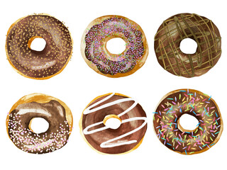 Set of six watercolor sweet chocolate donuts in brown chocolate glaze. Sprinkles chocolate donuts watercolor illustration isolated on white background