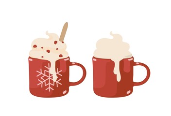 Ceramic red mug. Coffee, tea, cocoa, hot chocolate, whipped cream. Christmas, New Year, cozy winter, holidays. Isolated vector colorful element on a white background. 