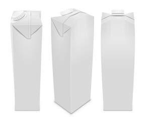 Сarton pack with a screw plastic cap for juice, milk, beverage. Set of various views. Vector isolated realistic mockup illustration.