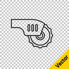 Black line Electric circular saw with steel toothed disc icon isolated on transparent background. Electric hand tool for cutting wood or metal. Vector