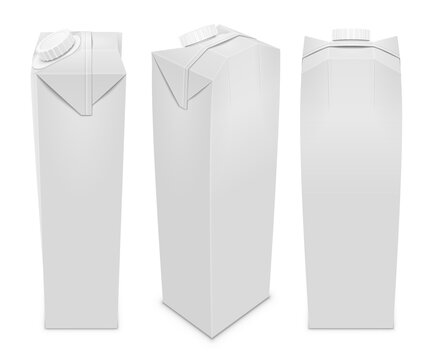 Сarton pack with a screw plastic cap for juice, milk, beverage. Set of various views. Vector isolated realistic mockup illustration.