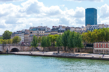 Naklejka premium River Seine banks in Paris, France. Nice green public space in the city center