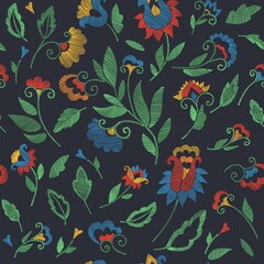 Floral seamless background pattern with fantasy flowers and leaves Line art. Embroidery flowers. Vector illustration.
