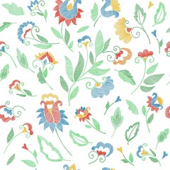 Naklejka premium Floral seamless background pattern with fantasy flowers and leaves Line art. Embroidery flowers. Vector illustration. 