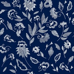 Floral seamless background pattern with fantasy flowers and leaves Line art. Embroidery flowers. Vector illustration.
