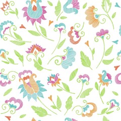 Floral seamless background pattern with fantasy flowers and leaves Line art. Embroidery flowers. Vector illustration.
