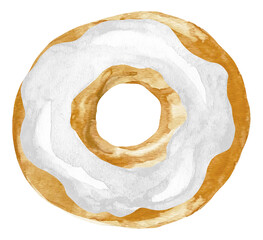 Watercolor sweet donut in white glaze. Sprinkles white donut watercolor illustration isolated on white background
