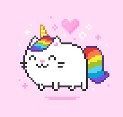 Pixel art cartoon Cat Unicorn with rainbow tail and hair on pink background - isolated vector. Cute unicorn kitten in kawaii style. Retro 8-bit video game style artwork